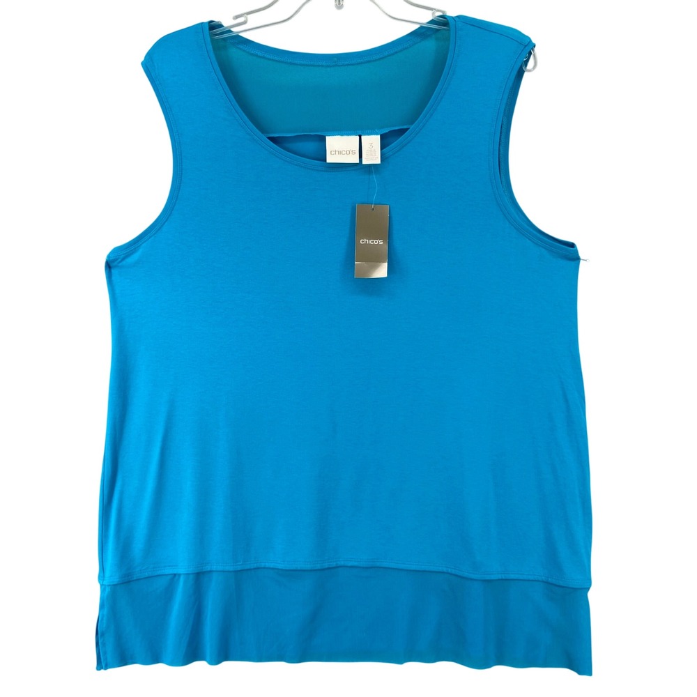NWT Chicos Tank Top Sz 3 US XL 16 Blue Sleeveless Blouse Sheer Panels